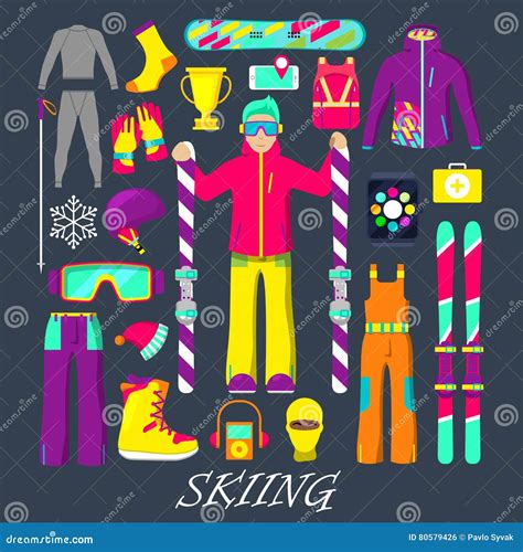 Winter Equipment for Skiing Icons Set with Man, Skiing, Clothes and Goggles Stock Vector ...