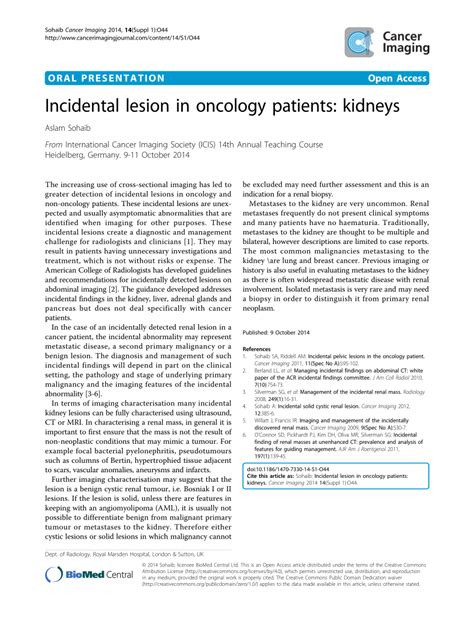 PDF Incidental Lesion In Oncology Patients Kidneys