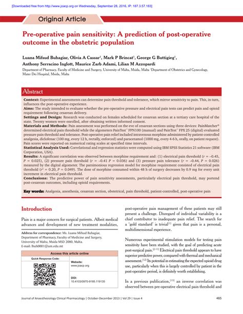 PDF Pre Operative Pain Sensitivity A Prediction Of Post Operative