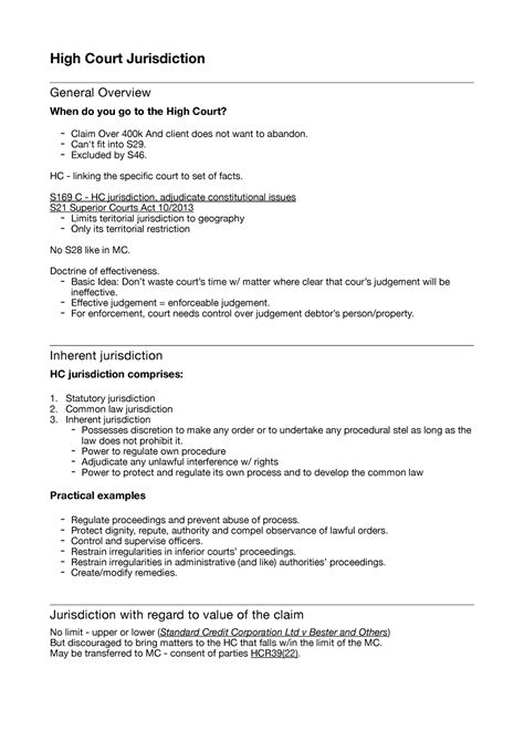 High Court Jurisdiction - High Court Jurisdiction General Overview When ...