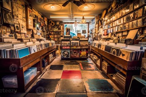 An interior shot of a retro record store with shelves filled with vinyl
