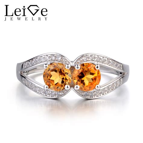 Leige Jewelry Citrine Ring Round Cut Yellow Crystal Double Stone