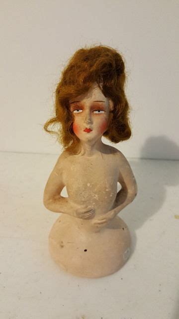 Antique German Chalkware Bisque Half Doll Pin Cushion Doll Mohair Wig