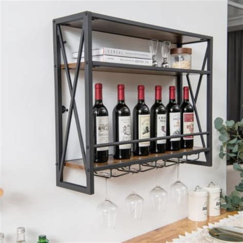 Hivvago Tiers Industrial Wall Mounted Wine Rack With Glass Holder And