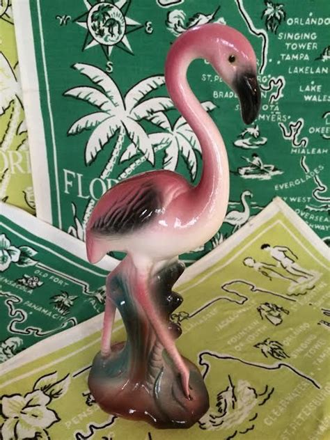 Vintage Flamingo Figurine 1940s 1950s Pink Green Black Ivory Mid