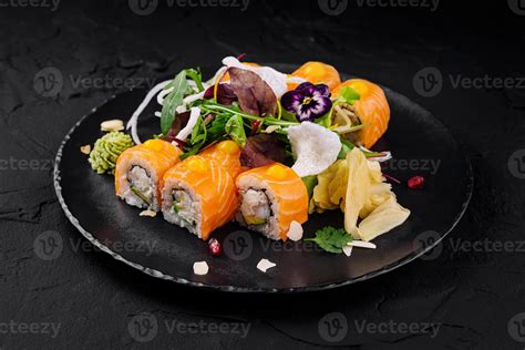 Exquisite salmon sushi platter with edible flowers 45604537 Stock Photo ...