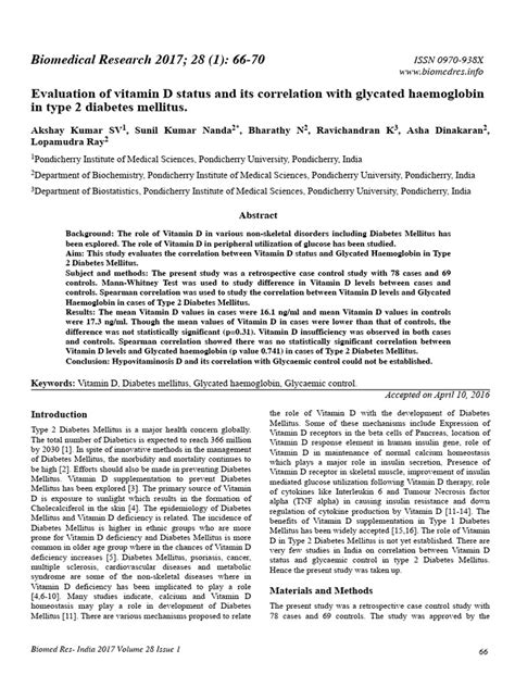 Evaluation of Vitamin D Status and Its Correlation With Glycated Haemoglobin in Type 2 Diabetes ...