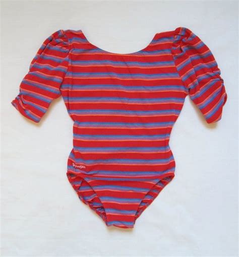 80s Aerobics Leotard Vintage Bodysuit Puffed Sleeve Striped