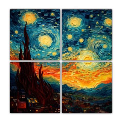 Cuatro Cuadros De Tela En Tonos Ambiente Estilo Skys De Van Gogh