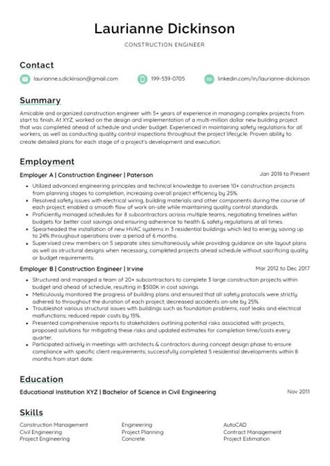 Construction Engineer Resume (CV) Example and Writing Guide