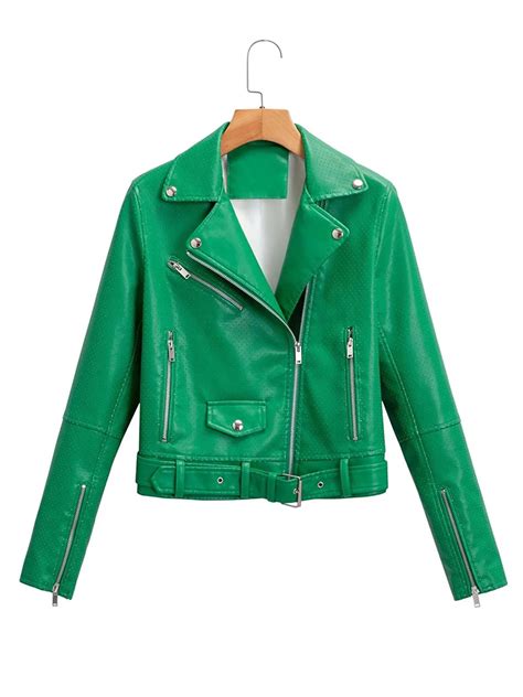 Green Leather Jacket Women Faux Pu Leather Jacket Green New Spring