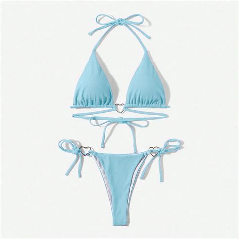 Sexy Light Blue Swimwear Triangle Halter String Micro Bikini Thong Swimsuit Women Heart