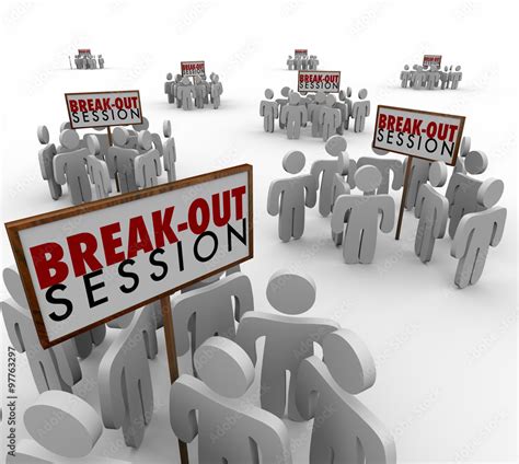 Break Out Sessions People Around Signs Small Group Meetings Stock