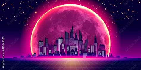 Retro City Skyline In S Style Neon Glowing Moon And Starry Sky