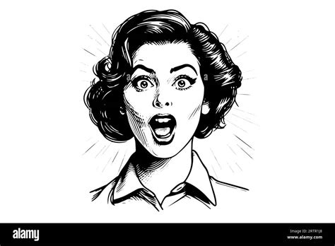 Surprised Businness Woman Ink Drawing Sketch Pop Art Style Black And White Vector Illustration