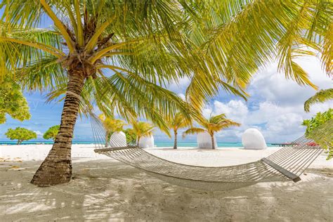 Beautiful tropical Maldives beach under cloudy sky with swings on ...