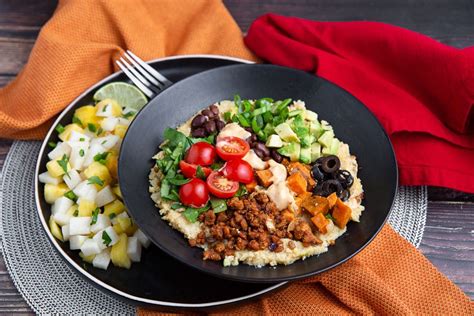 Cheesy Jalapeno Grits With Tempeh Chorizo And Pineapple Jicama Salad