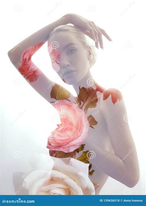 Portrait Of A Naked Girl With Double Exposure On A Background Of Rose