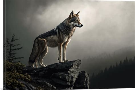 Premium Photo A Lone Wolf Standing On A Rocky Mountain