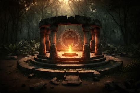 Premium AI Image | Ancient circle stone altar with fire Ai