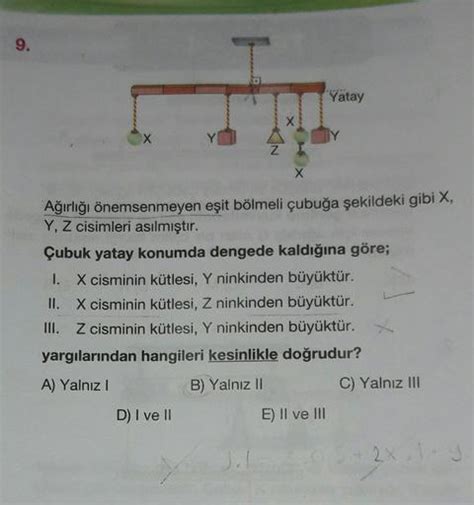 9 I Yatay X X Y Iy Z Z X Ağırlığı önemsenmeyen Eşit B Fizik