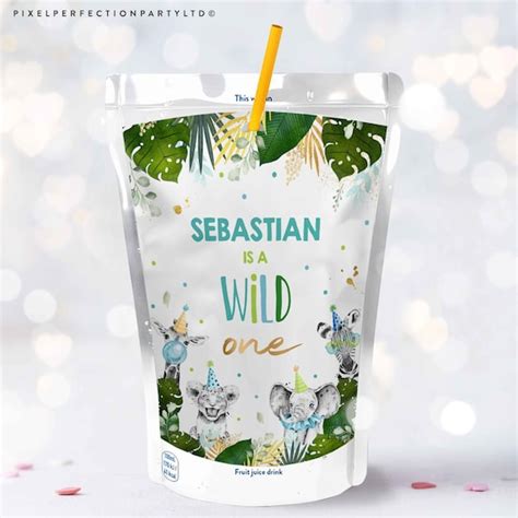 Editable Safari Animals Capri Sun Labels Wild One Juice Cup Labels Blue