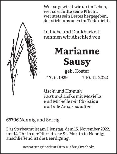 Traueranzeigen Von Marianne Sausy Saarbruecker Zeitung Trauer De