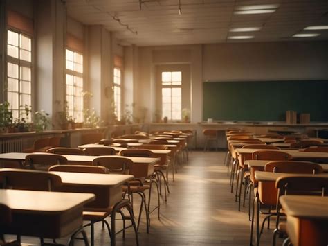 Premium Ai Image Classroom Interior Vintage Wooden Lecture Wooden Chairs And Desks Ai Generative