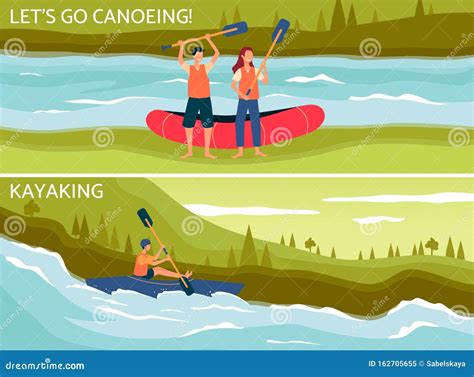 Let S Go Canoeing And Kayaking Flat Poster Set With Cartoon People On