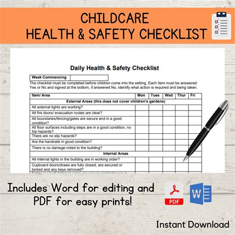 Child Care Health and Safety Checklist Daycare Child Minding