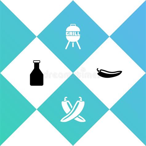 Set Ketchup Bottle Crossed Hot Chili Pepper Pod Barbecue Grill And Hot Icon Vector Stock