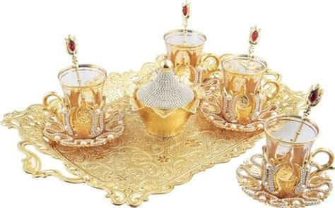 Demmex Turkish Tea Glasses Set With Decorated Metal Glass Holders