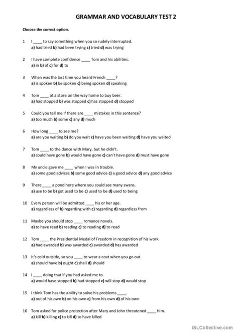 Grammar And Vocabulary Test English Esl Worksheets Pdf Doc