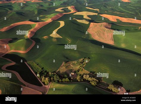 Aerial view of rolling hills of the Palouse Valley farmlands in Eastern ...