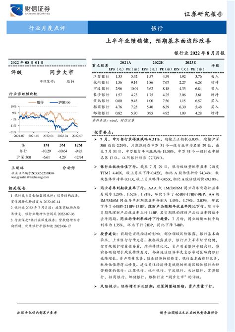 银行业2022年8月月报：上半年业绩稳健，预期基本面边际改善 洞见研报 行业报告