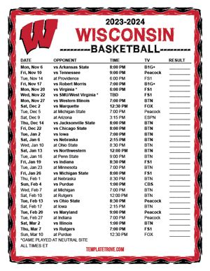 Printable 2023-2024 Wisconsin Badgers Basketball Schedule