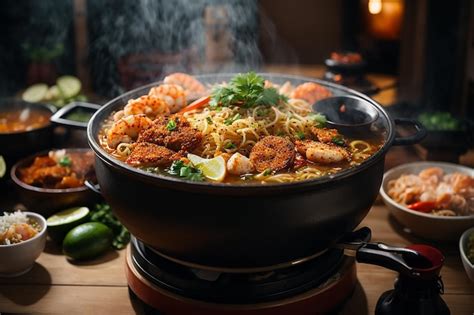 Premium Photo Noodles Spicy Boil With Seafood Shrimp Vegetable Food And Pork In Hot Pot