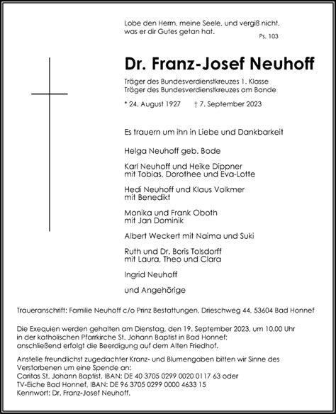 Traueranzeigen Von Franz Josef Neuhoff Ga Trauer De