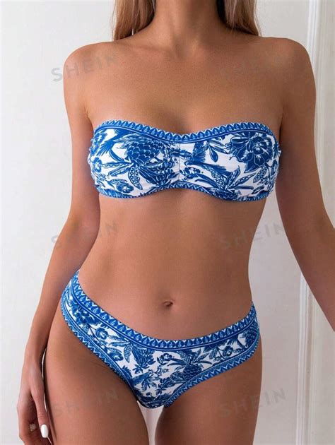 Shein Swim Vcay Conjunto De Traje De Baño De Mujer Con Estampado Tropical Y Copas Fruncidas Con