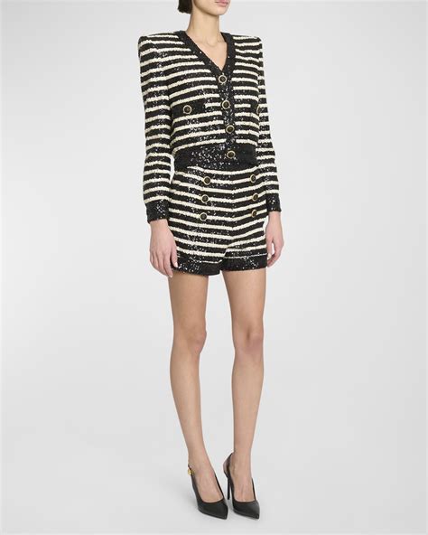 Balmain 6 Button Sequined Stripe Shorts Neiman Marcus