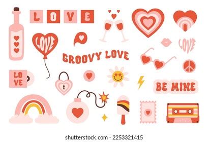 Retro Groovy Valentines Day Sticker Set Stock Vector Royalty Free