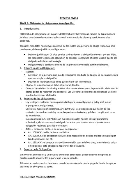 Derecho Civil Ii 1 Apuntes Mios Derecho Civil Ii Tema 1 El Derecho De Obligaciones La