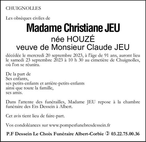 Madame Christiane JEU née HOUZÉ Pompes Funèbres Dessein