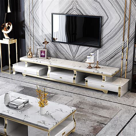 White Extendable Tv Stand With Drawers Faux Marble Media Console For