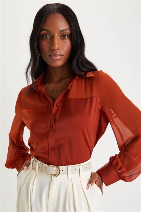 Rust Orange Satin Top Button Up Top Long Sleeve Top Lulus