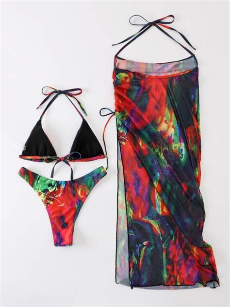 SHEIN SXY Tie Dye Bikini Set Halter Triangle Bra Top Hipster Bikini