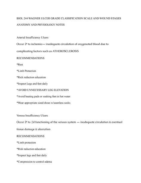 BIOL 244 Wagner Ulcer Grade Classification Scale AND Wound Stages Anatomy AND Physiology Notes ...