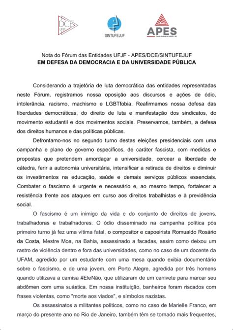 Fórum De Entidades Da Ufjf Lança Nota Em Defesa Da Democracia E Da