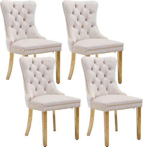 Amazon Shenyon Beige Velvet Dining Chairs Set Of 4 Upholstered