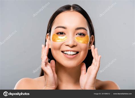 Happy Naked Asian Woman Eye Patches Face Isolated Grey Stock Photo AndrewLozovyi